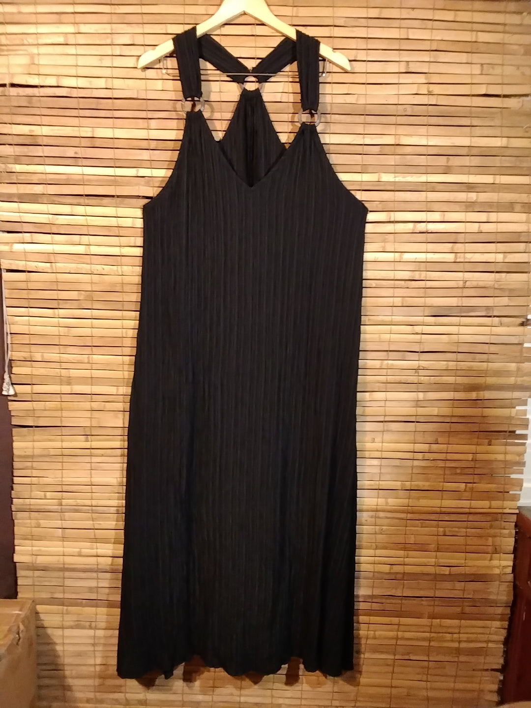 Crinkle fabric dress with wood ring accent