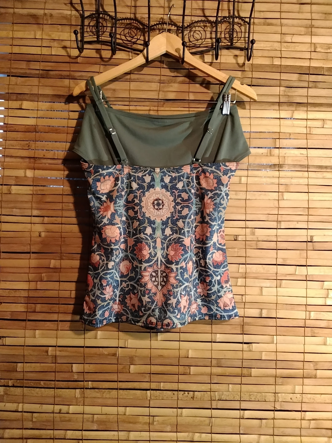Tankini olive green and navy blue with orange florals with adjustable straps