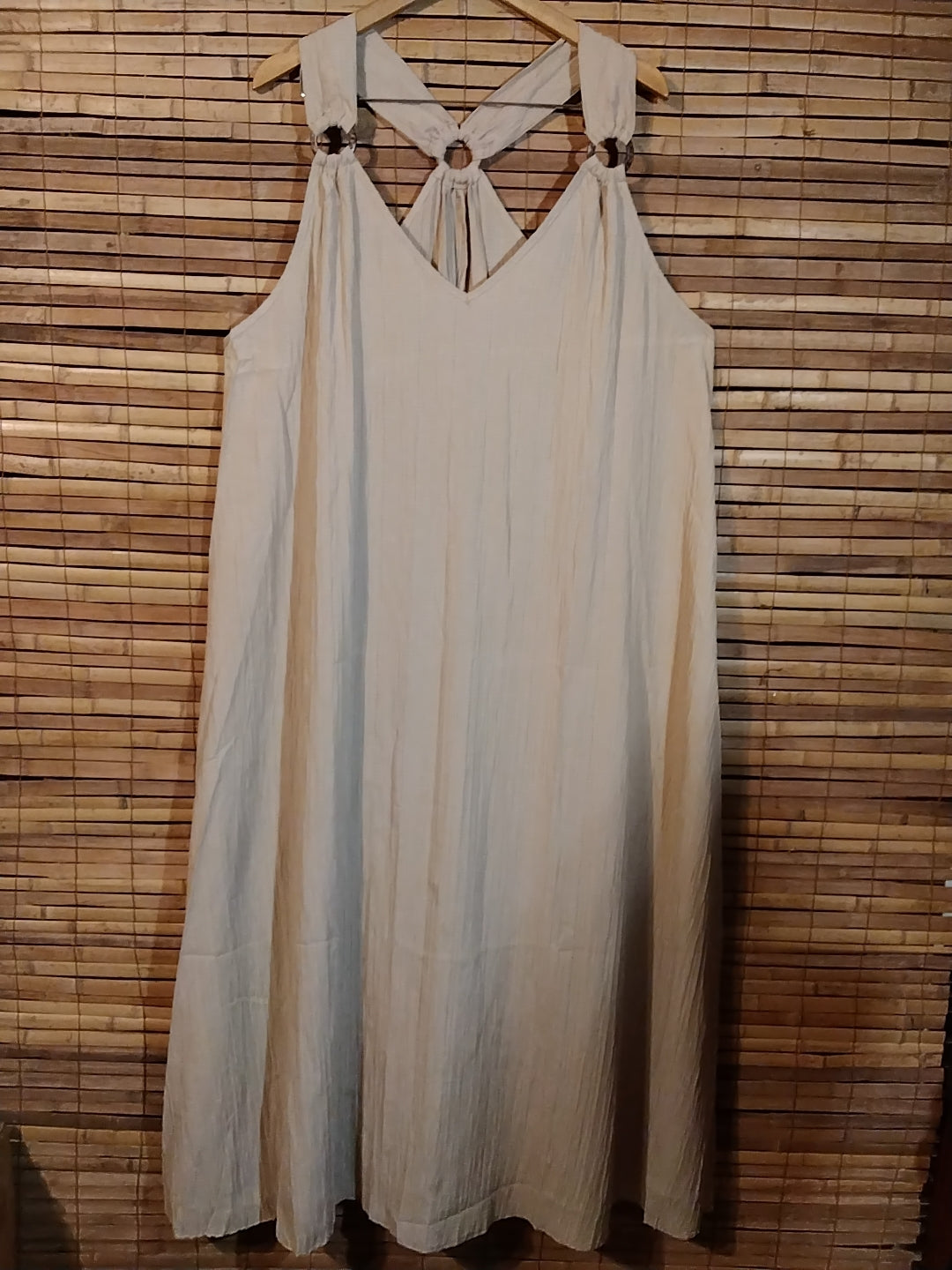 Crinkle fabric dress with wood ring accent