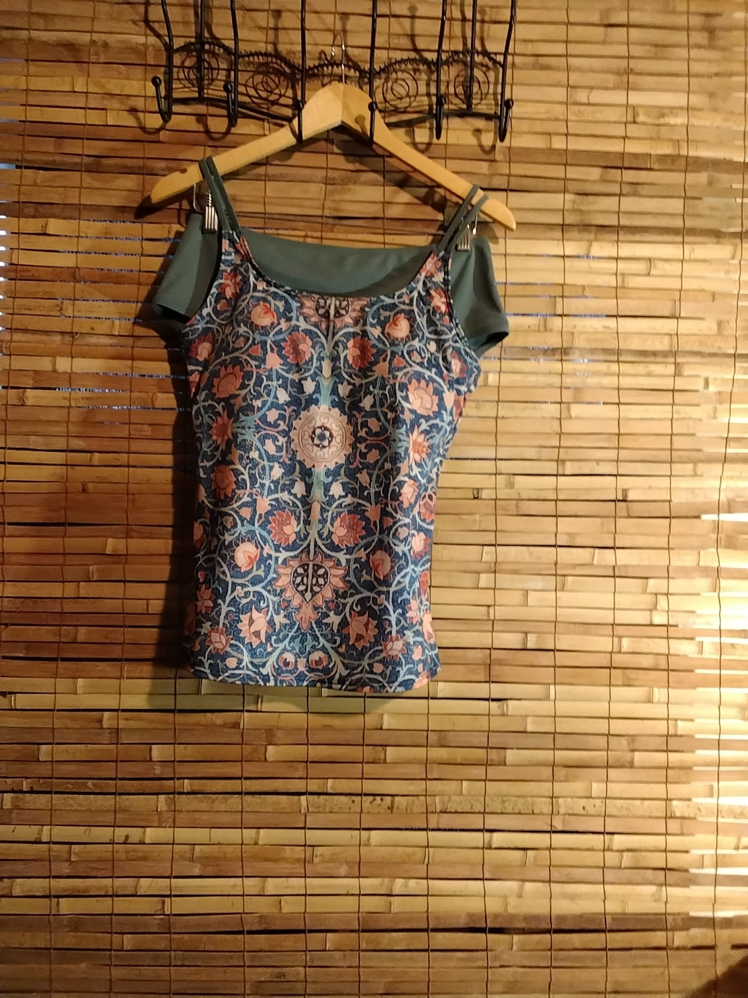 Tankini olive green and navy blue with orange florals with adjustable straps