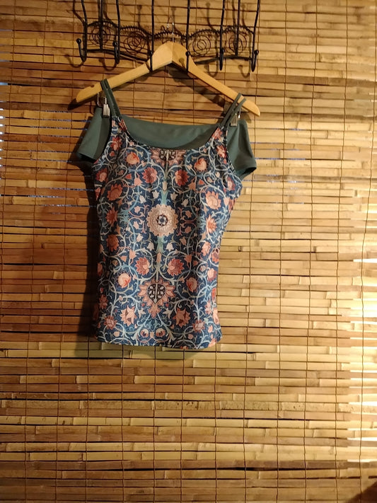 Tankini olive green and navy blue with orange florals with adjustable straps